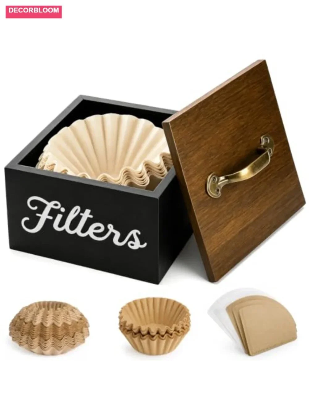 Wooden Coffee Filters Holder with Lid and Rustic Handle